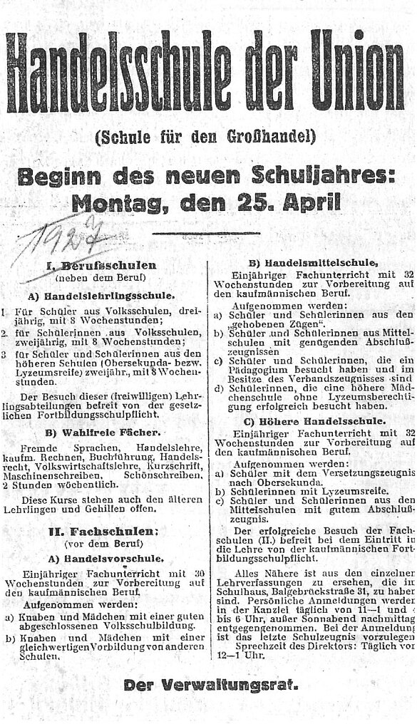 Bildungsangebot der Handelsschule 1927