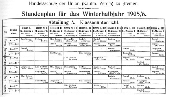 Stundenplan für Auszubildende 1905/06